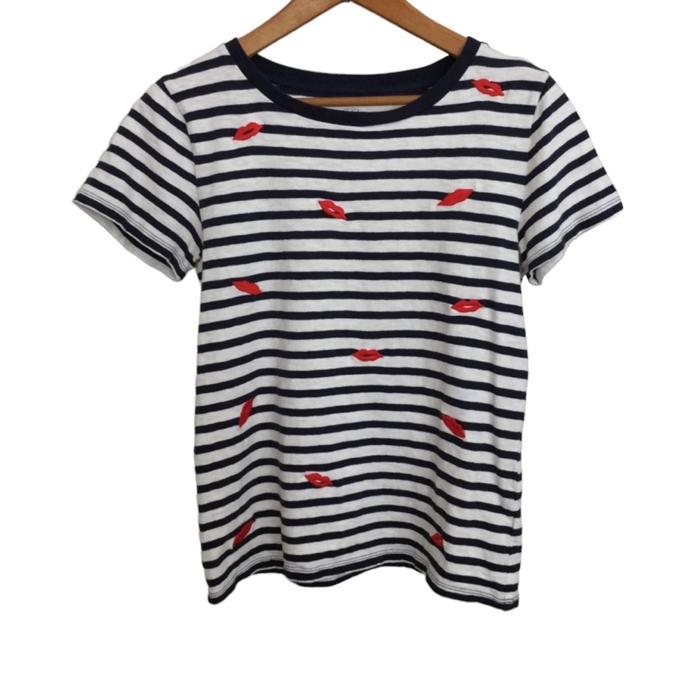 J. CREW Women’s sz Small T Shirt Striped Red Lips Short Sleeve Top Cute Blue Red